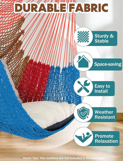 Chihee Handwoven Cotton Hammock Chair Large Hanging Rope Chair 7.9ft with Detachable Strong Metal Spreader Bar, Breathable Net Swing Seat Color Blocking, Portable with Carry Bag, Indoor Outdoor Use