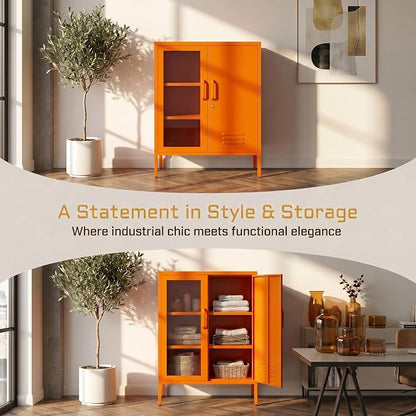 Metal Cabinet Metal Bathroom Storage Cabinet Metal Storage Cabinets with Glass Door and Adjustable Shelves Cabinet Storage for Coffee Bar for Homes, Living Rooms and Offices Orange 33''H
