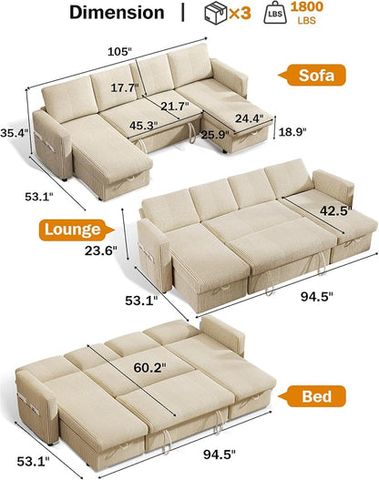Vipbear 104" Sectional Sleeper Sofa Bed with Pull Out Bed, U Shaped Couch Pull Out Couch with Reclining Backrest, Reversible Storage Chaise, USB Ports, Tool-Free Assembly, Corduroy Beige