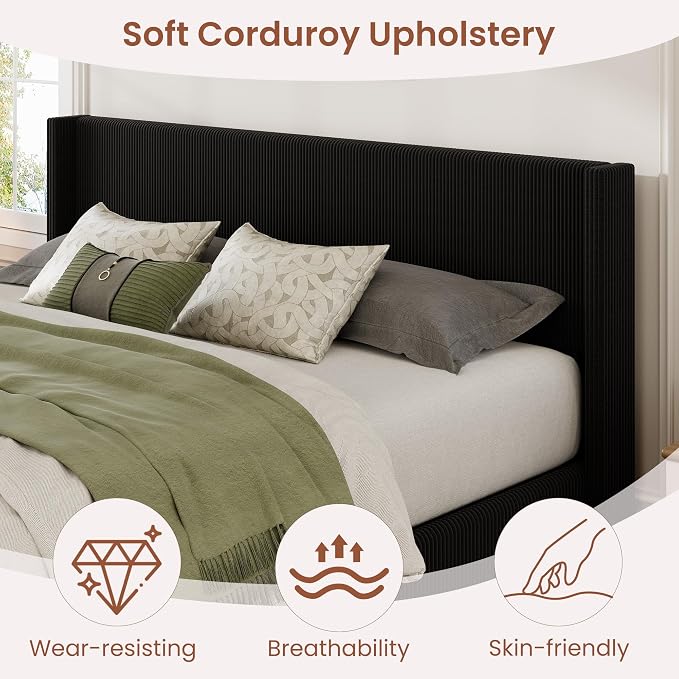 Garvee King Lift Up Storage Bed Frame, Corduroy Upholstered Platform Bed with Gas Lift, Padded Headboard, Wooden Slat Support, No Box Spring Needed, Easy Assembly, Black