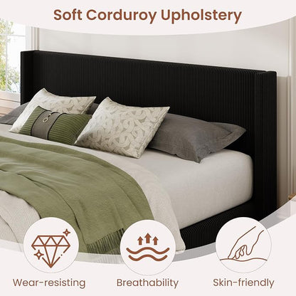 Garvee King Lift Up Storage Bed Frame, Corduroy Upholstered Platform Bed with Gas Lift, Padded Headboard, Wooden Slat Support, No Box Spring Needed, Easy Assembly, Black