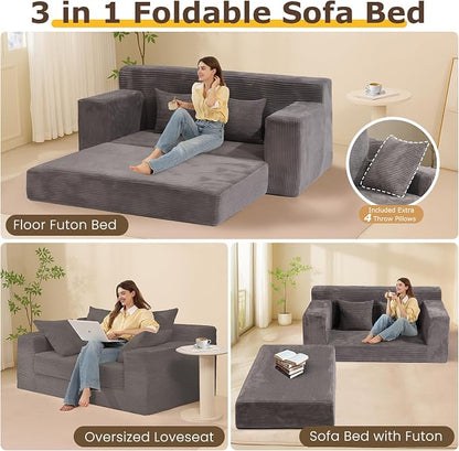cidludto Convertible Sofa Bed, 3 in 1 Loveseat Folding Couch Bed Foldable - Boneless Couch & Floor Futon, Corduroy Pull Out Sofa Bed with 4 Pillows for Living Room, Grey