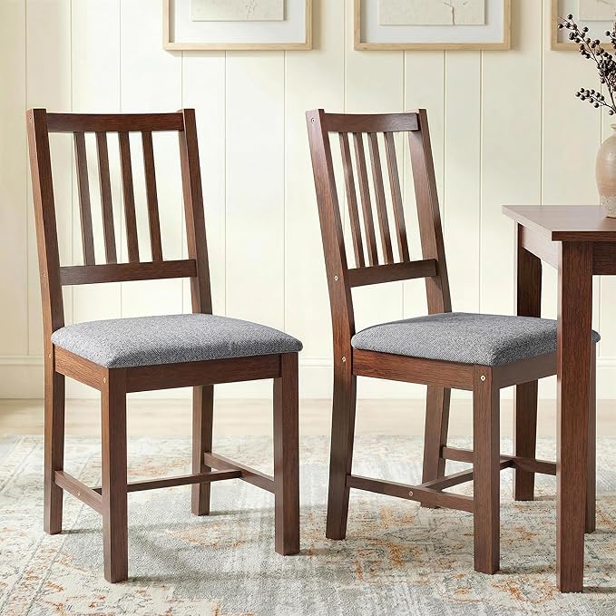 HOMCOM Wooden Dining Chairs Set of 2, Mid-Century Modern Upholstered Kitchen Chairs with Slat Backrest, Rubberwood Legs and Padded Seat for Dining Room, Living Room, Farmhouse-Walnut