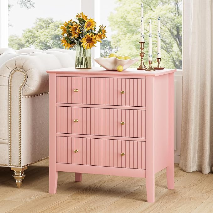 Night Stand, Fluted 3 Drawer Wide Farmhouse Nightstand with Gold Handle, Modern Wooden Bedside End Table for Bedroom, Living Room, Pink