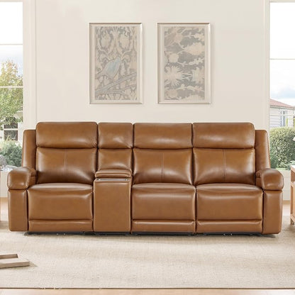 Watson & Whitely Genuine Leather Power Recliner Sofa, 3 Seater Wall Hugger Reclining Sofas with Storage Console, Power Headrest, USB, Electric Recliner Couch Set for Living Room, Saddle Brown