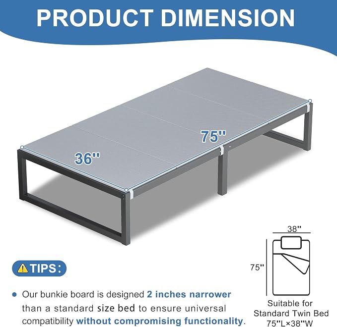 Lutown-Teen Bunkie Board Twin Under Mattress High-Density Polymer Twin Size Bunkie Board Anti-Sag, Breathable, Moisture Resistant, Noise Minimizing, Gray