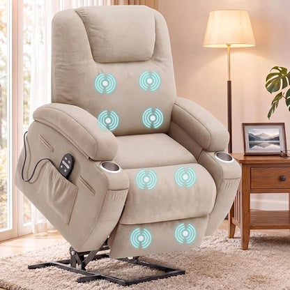 Flamaker Power Lift Chair Massage Recliner Chairs for Elderly - Ergonomic Design with Cup Holders & Side Pockets, Remote Control (Beige)