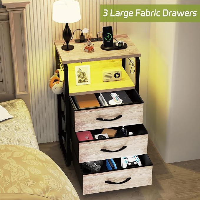 runjuly Night Stand Set 2 with LED Lights, Nightstands with Power Outlets and Type C Port, Large End Tables with 3 Fabric Drawers, Matching Bedside Table with Storage for Bedroom Teen Room, Greige