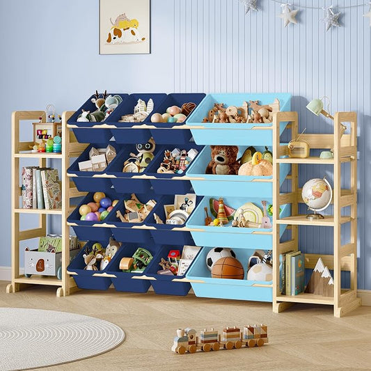 EXPERLAM Extra Large Toy Storage - Toy Storage Organizer, Wooden Toy Organizer with 6 Side Shelves and 16 Bins, 3-in-1 Bookshelf for Kids Rooms, Playroom, Nursery, Blue