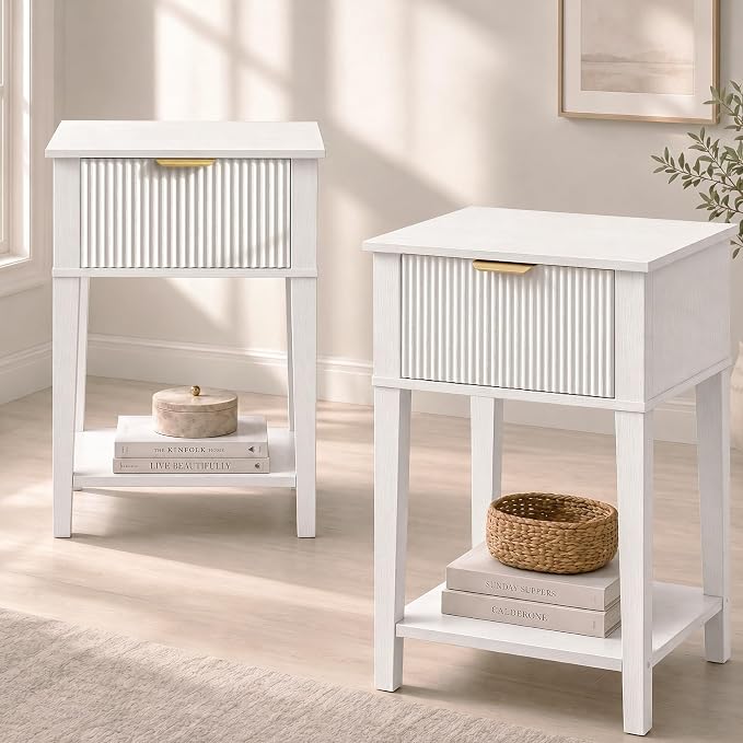 White 15" Wide Small Nightstands Set of 2, Drawer Shelf, Fluted Front | Matching pair, slim 11.8-inch depth, drawer and lower shelf each, bright storage for both sides of a bed or guest room