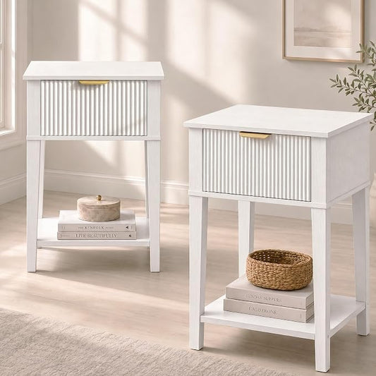 White 15" Wide Small Nightstands Set of 2, Drawer Shelf, Fluted Front | Matching pair, slim 11.8-inch depth, drawer and lower shelf each, bright storage for both sides of a bed or guest room