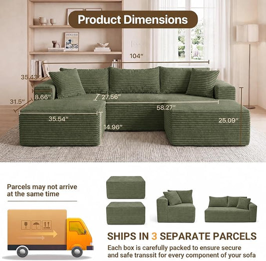 Claiks 104" Boneless Couch, Cloud Couch Sectional, U-Shape Corduroy Modular Sectional Sofa Deep Seat, Upholstered Couches for Living Room, No Assembly Required, Green
