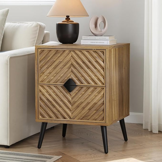 Smuxee Walnut Wooden Nightstand with 2 Drawers, Mid Century Night Stand with Fluted Diamond Doors, Bedside Table with Metal Feet, Modern End Side Table for Bedroom