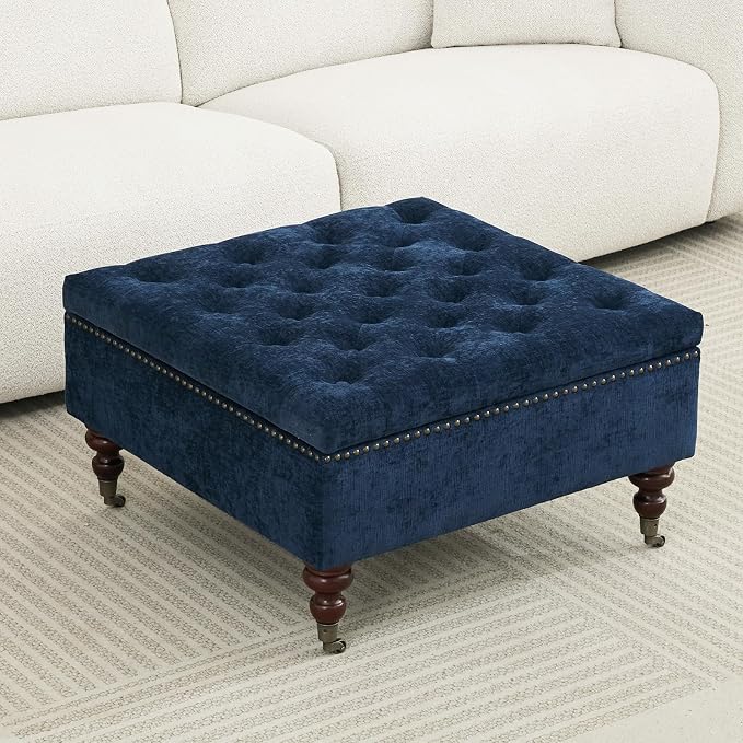 Large Square Storage Ottoman Uphlostered Tufted Button Coffee Table, Oversized Footrest Bench with Castered Rolling Wheels for Living Room, Dark Blue Chenille Waterproof