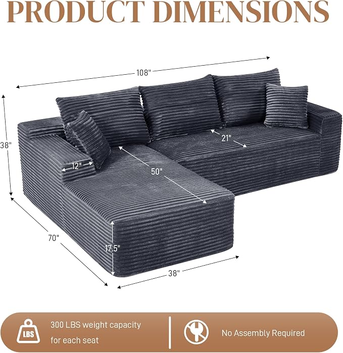 108" L Shaped Cloud Boneless Sectional Couches for Living Room, Modern Comfy Modular Deep Seat Memory Foam Compressed Corduroy Sofa Oversized Left Facing Chaise, No Assembly Required, Grey