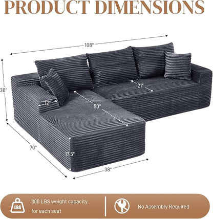 108" L Shaped Cloud Boneless Sectional Couches for Living Room, Modern Comfy Modular Deep Seat Memory Foam Compressed Corduroy Sofa Oversized Left Facing Chaise, No Assembly Required, Grey