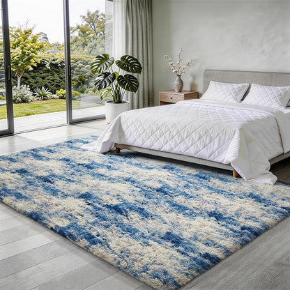 Ophanie Blue and Gray Area Rugs for Living Room 5x7,Navy Grey White Fluffy Shag Large Fuzzy Plush Soft Carpets,Floor Shaggy Rugs for Bedroom,Carpet Kids Boys Dorm Decor with Over 99 pcs Pile fibers