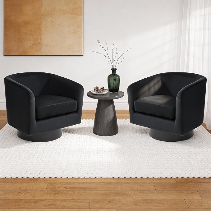 Swivel Barrel Accent Chair, Modern Round Chenille Fabric Arm Chair for Living Room, Bedroom, Comfy Club Reading Chairs for Adults（Velvet Black, Set of 2