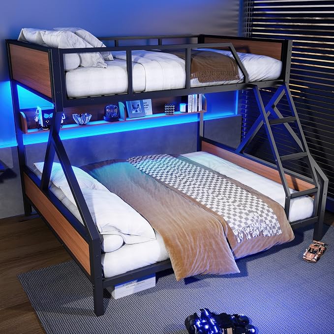 KEIKI Queen Over King Bunk Bed, Heavy Duty Metal Bunkbed with Storage Shelves, Lights, Bottom Space & Guardrail for Aldults Dorm Bedroom Guest Room, No Box Spring Needed, Noise-Free Design