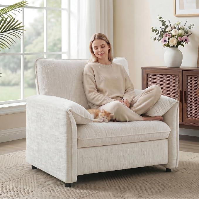 Oversized Accent Chairs Set of 2, 41 inch Modern Armchair for Living Room, Wide Reading Chair w/Deep Seat Springs Cushion, Padded Arms, Chenille Single Sofa Chair for Bedroom, Apartment, Beige