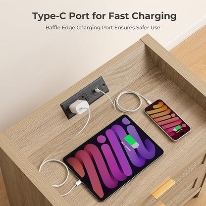 SICOTAS Rattan Nightstands Set of 2 Bedside Table - Bed Night Stand with Type-C Charging Station, 2 Drawers Storage - Boho Night Stands End Table for Bedroom Office - Light Oak