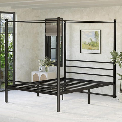 Lutown-Teen Full Canopy Bed Frame, Four Poster Metal Full Size Canopy Bed Frame, Heavy Duty Mattress Foundation with Underbed Storage, No Box Spring Needed, Easy Assembly, Black