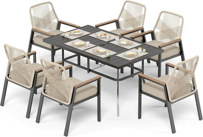 7pc Patio Dining Set for 6, Outdoor 59" Metal Table & Woven Rattan Chairs | 6 cushioned chairs + rectangle steel table. Waterproof, stain-resistant & wipe-clean. Ideal for backyard, garden & poolside.