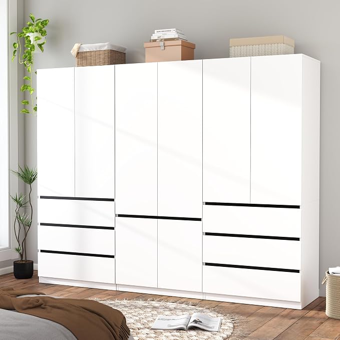 Armoire Wardrobe Closet with Drawers：75" Large White Wardrobe Closet Cabinet with 6 Doors for Hanging Clothes, Modern Wooden Bedroom Armoires with 6 Drawers and Storage (B+C+B, 94.5")