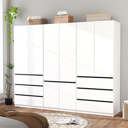 Armoire Wardrobe Closet with Drawers：75" Large White Wardrobe Closet Cabinet with 6 Doors for Hanging Clothes, Modern Wooden Bedroom Armoires with 6 Drawers and Storage (B+C+B, 94.5")