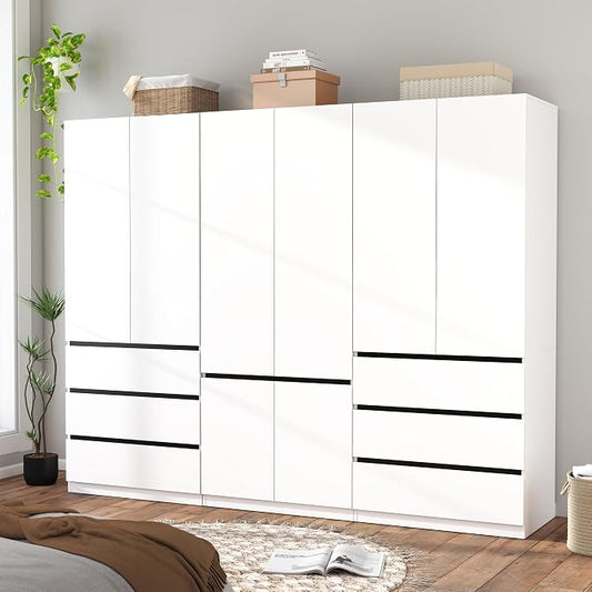 Armoire Wardrobe Closet with Drawers：75" Large White Wardrobe Closet Cabinet with 6 Doors for Hanging Clothes, Modern Wooden Bedroom Armoires with 6 Drawers and Storage (B+C+B, 94.5")