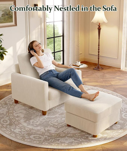 Welzona 25.2" Couches for Living Room, Comfy Beige Ottoman with Storage, Foot Rest Tool-Free Setup, Small Ottoman Foot Rest for Couch, Corduroy Couch for Bedroom, Apartment, Office