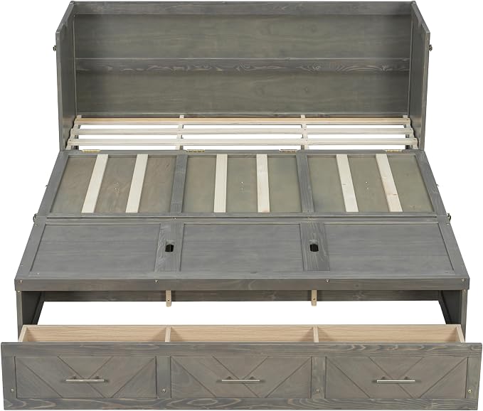 Bellemave Queen Size Murphy Bed with Charging Station and Storage, Farmhouse Murphy Bed with Foldable Panel for Guest Bedroom, Living Room, Office, Grey