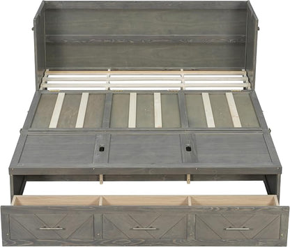 Bellemave Queen Size Murphy Bed with Charging Station and Storage, Farmhouse Murphy Bed with Foldable Panel for Guest Bedroom, Living Room, Office, Grey