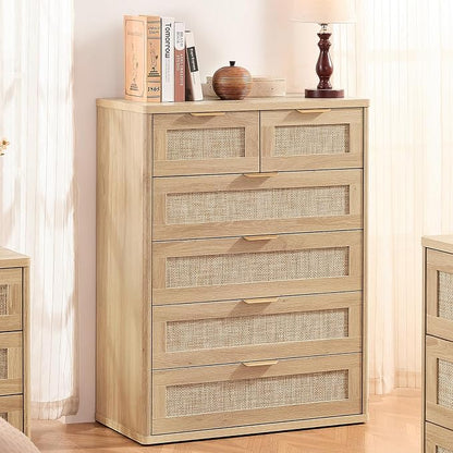 LEYAOYAO Rattan Dresser for Bedroom Set of 2, 41" Tall Chest of Drawers, Modern 6 Drawers Boho Dressers with Storage, Light Oak Dresser Wooden Closet Organizer for Living Room, Hallway, Natural Wood