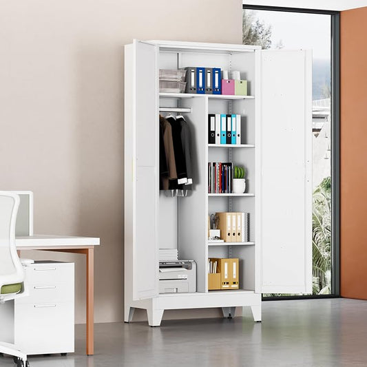 Metal Armoire Wardrobe Closet, 71" Steel Clothing Storage Cabinet with 2 Doors, Hanging Rod & Shelves, Bedroom Armoire Closet, White Wardrobe Cabinets for Bedroom