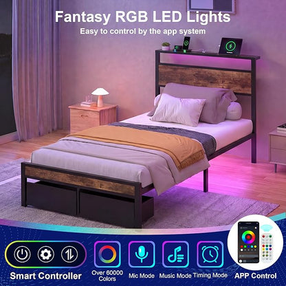 Twin Bed Frame with 2 Drawers and Storage Headboard, Metal Platform with LED Lights and Charging Station, No Box Spring Needed, Noise Free, Easy Assembly