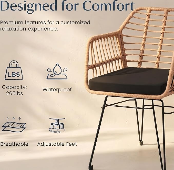 3-Piece Patio Furniture Set, Wicker Bistro Set with 2 Cushioned Rattan Armchairs and Glass Top Coffee Table, Small Conversation Set for Balcony, Porch, Backyard, Natural/Black