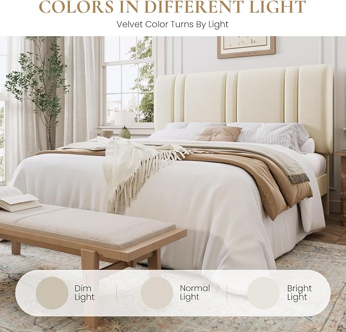 SHA CERLIN Full Size Platform Bed Frame, Velvet Upholstered Bed with Adjustable Headboard, Vertical Channel Tufted Design, Sturdy Wood Slat Support, No Box Spring Needed, Easy Assembly, Cream White