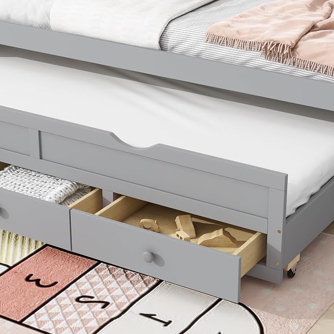 KEIKI Twin Bed Frame with Trundle & 3 Storage Drawers, Modern Captain’s Bed, Pine Platform Corner Bed with Headboard & Footboard for Living Room, Guest Room, or Bedroom, Gray