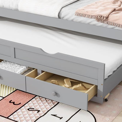 KEIKI Twin Bed Frame with Trundle & 3 Storage Drawers, Modern Captain’s Bed, Pine Platform Corner Bed with Headboard & Footboard for Living Room, Guest Room, or Bedroom, Gray