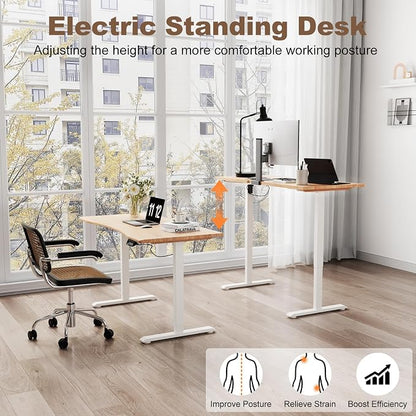 Solid Wood Electric Standing Desk 55"x23.6"Home Office Desk,Adjustable Workbench with 3 Stages Single Motor, Computer Workstation with T-Shaped Metal Bracket,Natural Standing Desk for Gaming(1 Box)