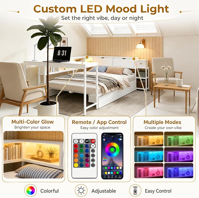 Bellemave Full Size Corner Bed Frame with Storage Bookcase & 2 Drawers, Modern Metal Full Daybed with LED Lights & Charging Station, Reversible Full Corner Bed with Desk for Space-Saving, White