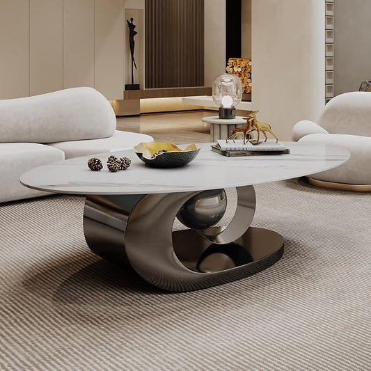 Modern Oval Stone Coffee Table with Gray Metal Base - Elegant Centerpiece for Stylish Living Rooms - 49.2" Lx27.6 Wx15.8 H