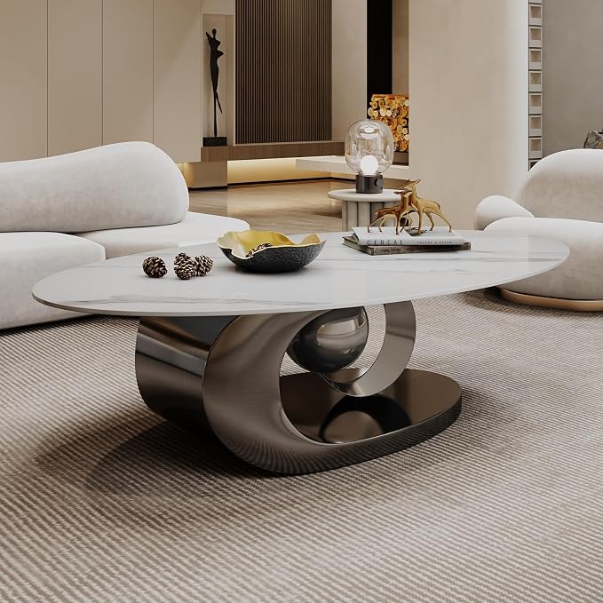 Modern Oval Stone Coffee Table with Gray Metal Base - Elegant Centerpiece for Stylish Living Rooms - 49.2" Lx27.6 Wx15.8 H