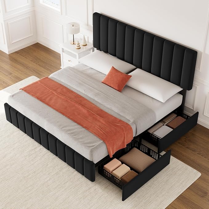 IDEALHOUSE Full Upholstered Bed Frame with 4 Storage Drawers, Adjustable Headboard and Wooden Slats Support, No Box Spring Needed, Black