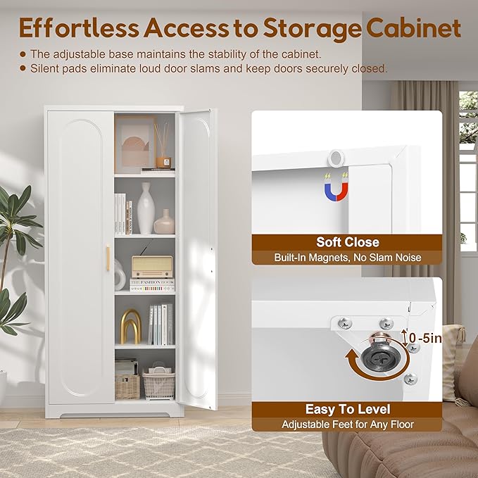 UNICOLY 71" Kitchen Pantry Cabinet, Pantry Storage Cabinet with Doors and 4 Shelves, Metal Storage Cabinets for Laundry Room, Living Room, Dinning Room, Assembly Required, White