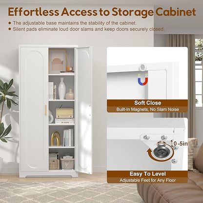 UNICOLY 71" Kitchen Pantry Cabinet, Pantry Storage Cabinet with Doors and 4 Shelves, Metal Storage Cabinets for Laundry Room, Living Room, Dinning Room, Assembly Required, White