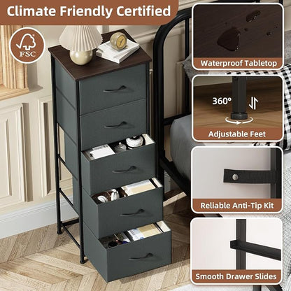 Somdot Tall Dresser for Bedroom with 5 Drawers, Storage Organizer Chest of Drawers with Removable Fabric Bins for Closet Bedside Living Room Laundry Entryway Hallway, Charcoal Grey