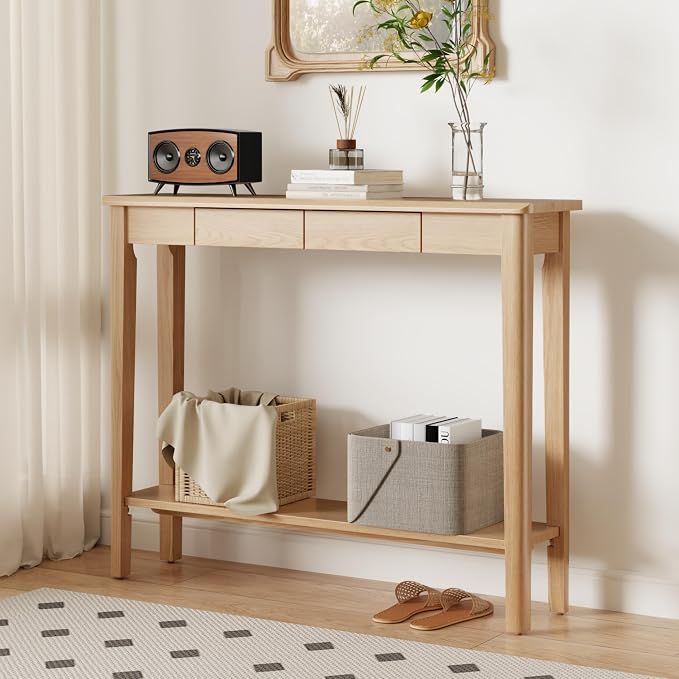 AQIMUELE Wood Console Table with Drawers, Walnut