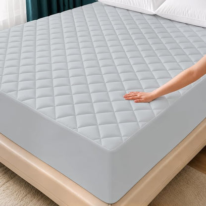 Quilted Fitted Mattress Pad, King Mattress Protector Topper with Deep Pocket Stretches up to 16 Inches, Machine Washable Mattress Cover by Utopia Bedding (Light Grey)